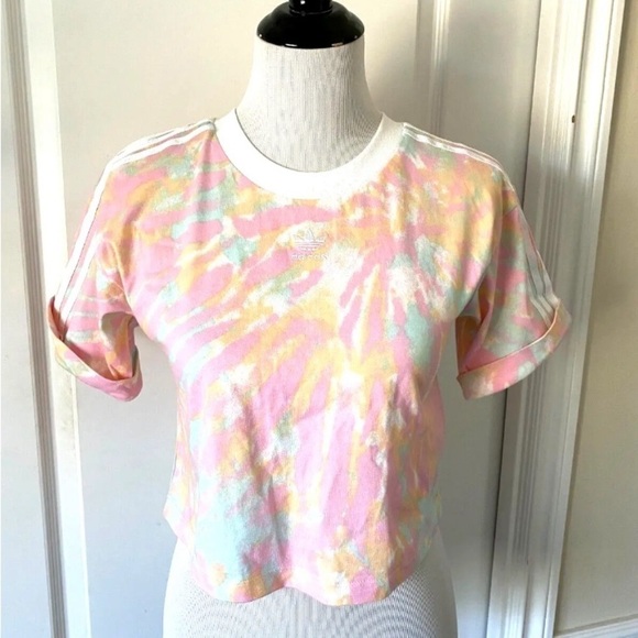 NEW Womens Adidas Sz Small Crop Top Pullover Crew Neck Logo Tie Dye Pink Stripe - Picture 4 of 6